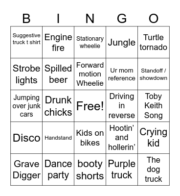 Monster Truck Bingo Card