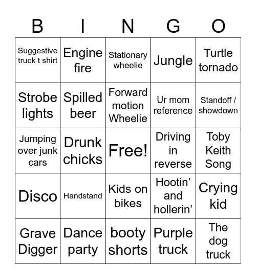 Monster Truck Bingo Card
