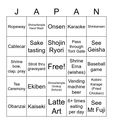 Japan Bingo Card