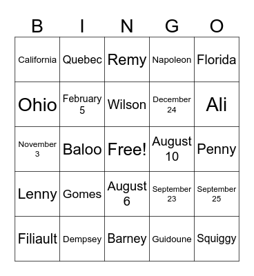 Family Bingo Card