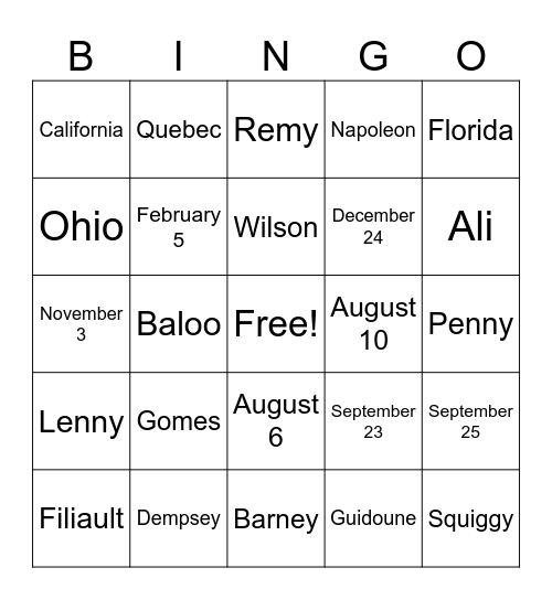 Family Bingo Card