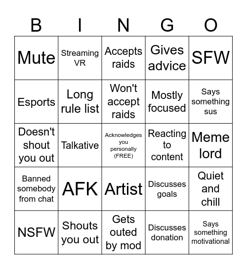 Streamer Habits Bingo Card