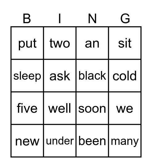 Sight Words Bingo Card
