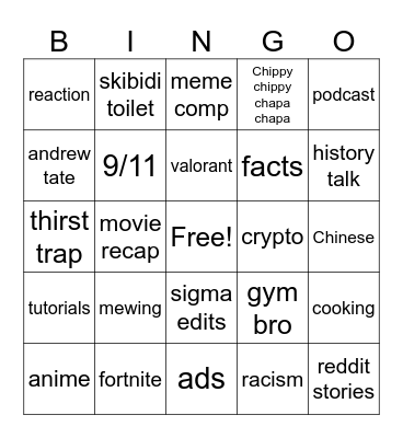 yt short Bingo Card
