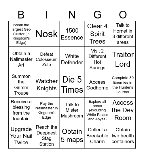 Randomizer Hollow Knight Bingo (CLM) Bingo Card