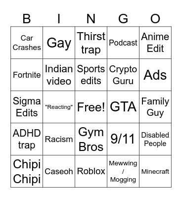 Instagram reel bingo Card