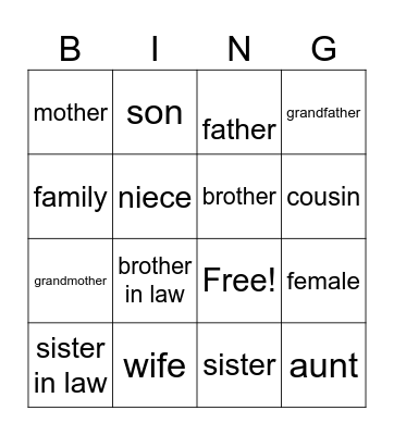 FAMILY RELATIONSHIPS Bingo Card
