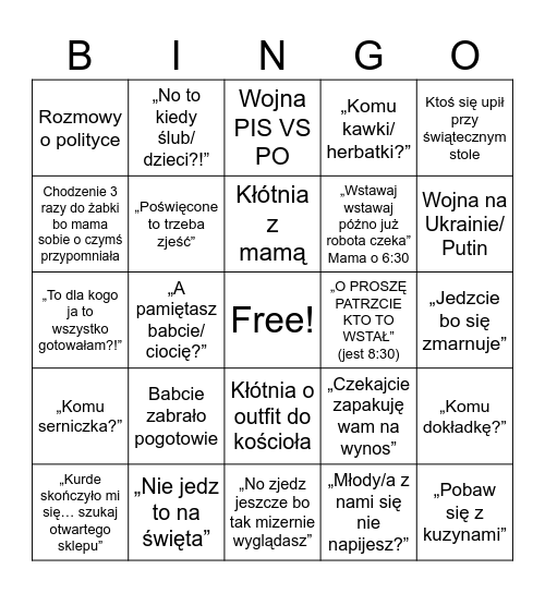 Święta z rodziną Bingo Card