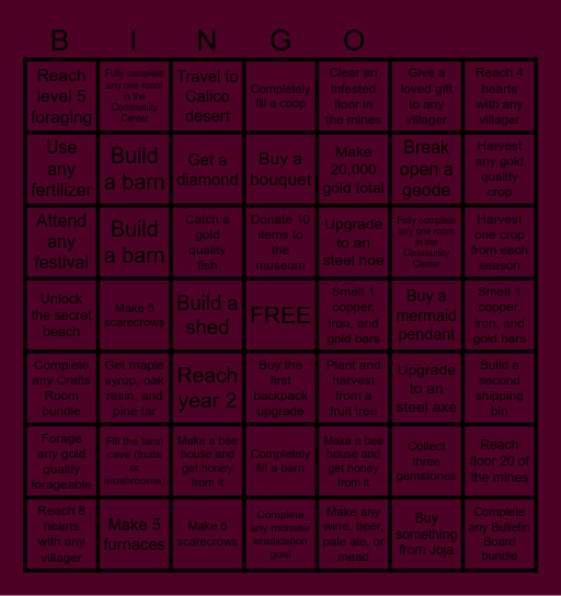 Stardew Valley Challenge Bingo Card