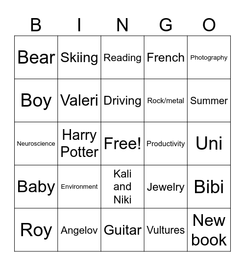 Kali Bingo Card