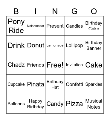 Chadz's 13th Birthday Bingo Card