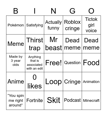 YouTube shorts bingo Card