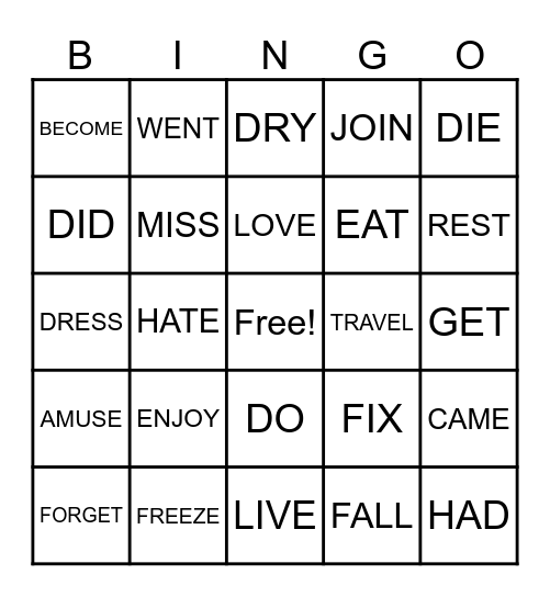 VERBS Bingo Card