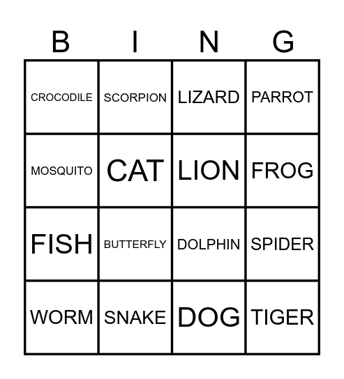 Animals Bingo Card