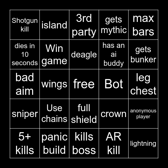 fortnite bingo Card