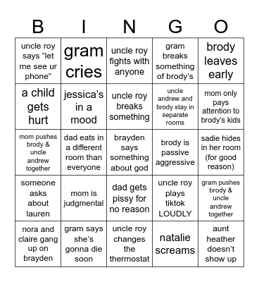 family function Bingo Card