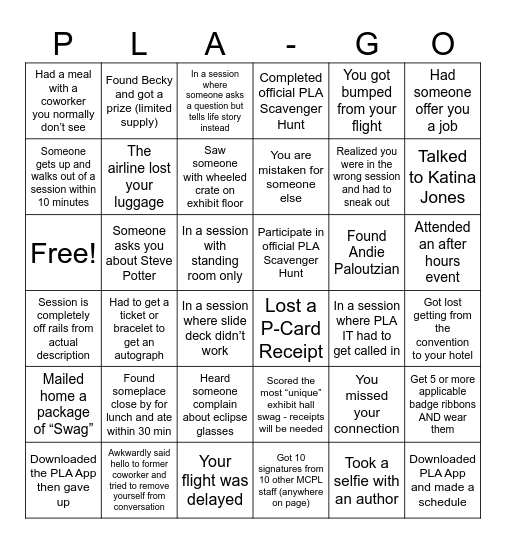 PLA Bingo Card