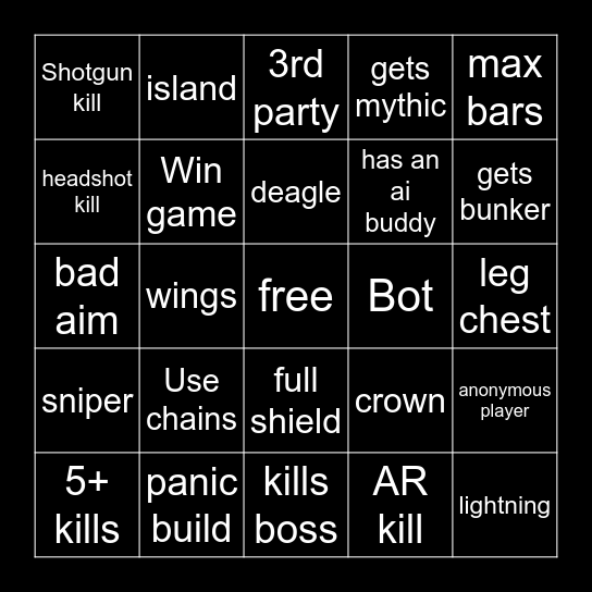 fortnite bingo Card