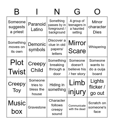 Horror Movie Cliche Bingo Card