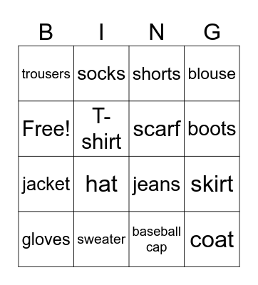 Clothes Bingo Card