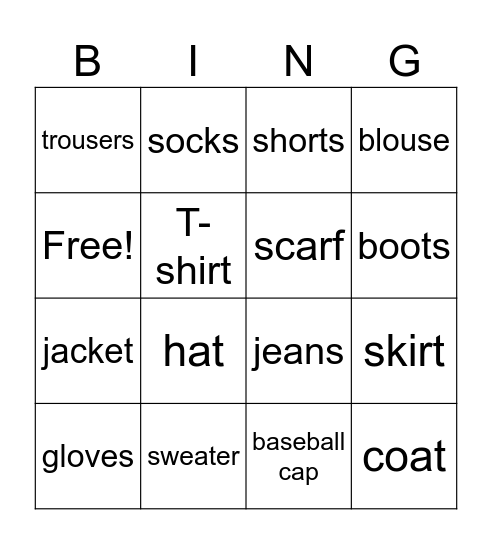 Clothes Bingo Card