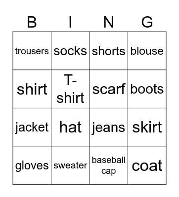 Clothes Bingo Card