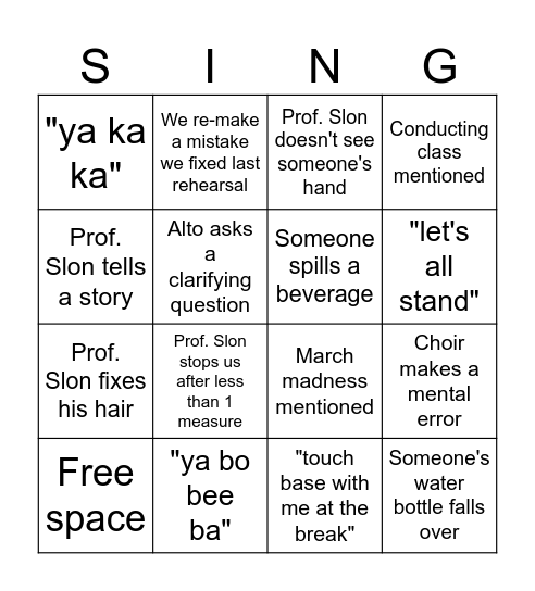 U-SINGO Bingo Card