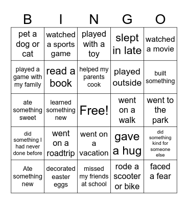 Spring Break Bingo Card