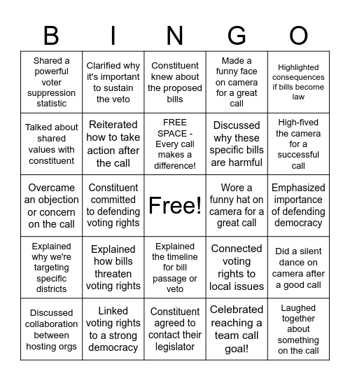 Voting Rights Defense Bingo Game 1 Bingo Card