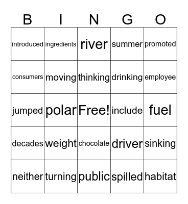 Vocabulary from spring 2016 Bingo Card