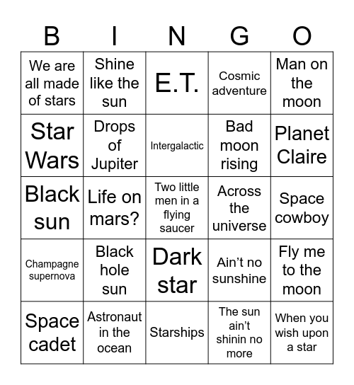 Out of This World Bingo Card