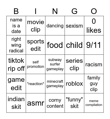 youtube shorts bing bong Bingo Card