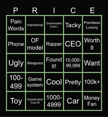 Price Search Bingo Card