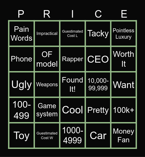 Price Search Bingo Card