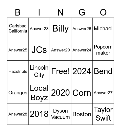Kiever Bingo Card