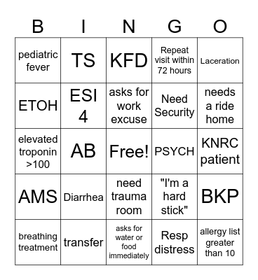EMERGENCY Bingo Card