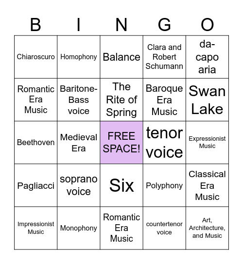 Music Appreciation Bingo Card