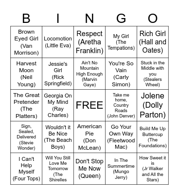 Oldies Hits Music Bingo! (2) Bingo Card