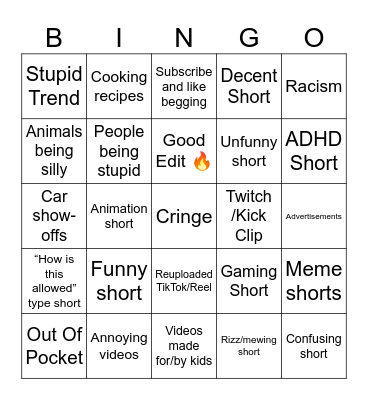 YT Shorts Bingo 2 (Remake) Bingo Card