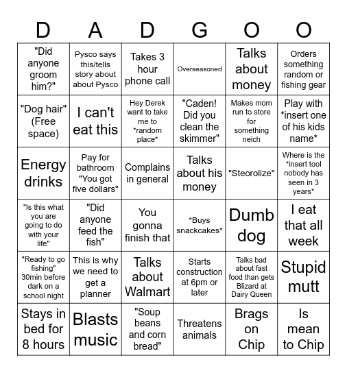 Things dad says Bingo Card