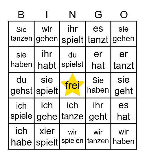 Standard Conjugation Bingo Card