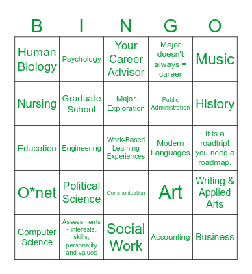 UW-Green Bay Major & Career Bingo Card