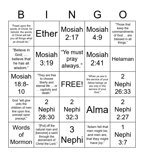 Book of Mormon Scripture Mastery Bingo Card