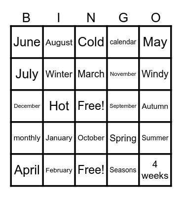 Months of the Year Bingo Card