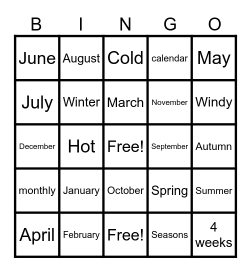 Months of the Year Bingo Card