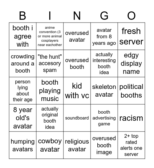 Rate My Avatar bingo Card