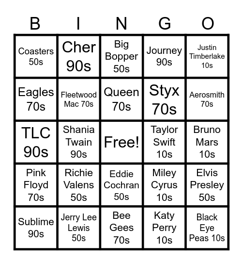 Music Bingo 50s, 70s, 90s, & 2010s Bingo Card