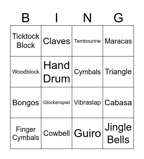 Non Pitched Instrument Bingo (labels only) Bingo Card