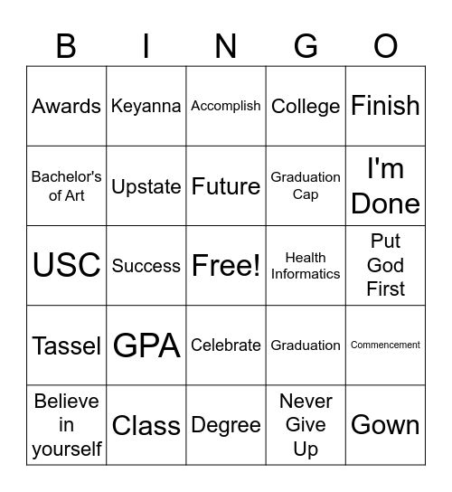 Graduation Bingo Card