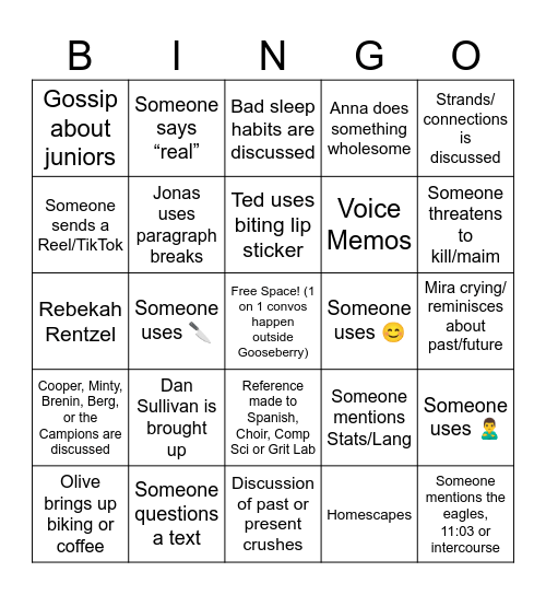 Nightly Gooseberry Bingo Card